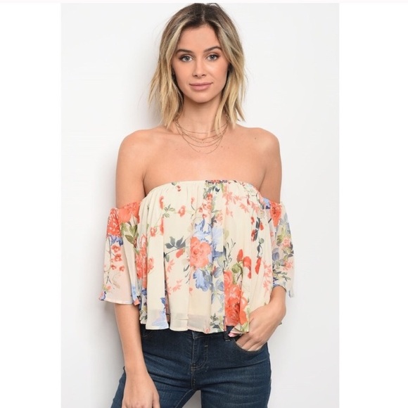 ✨LAST ONE✨Cream Peach Floral Off Shoulder Top - Picture 2 of 3